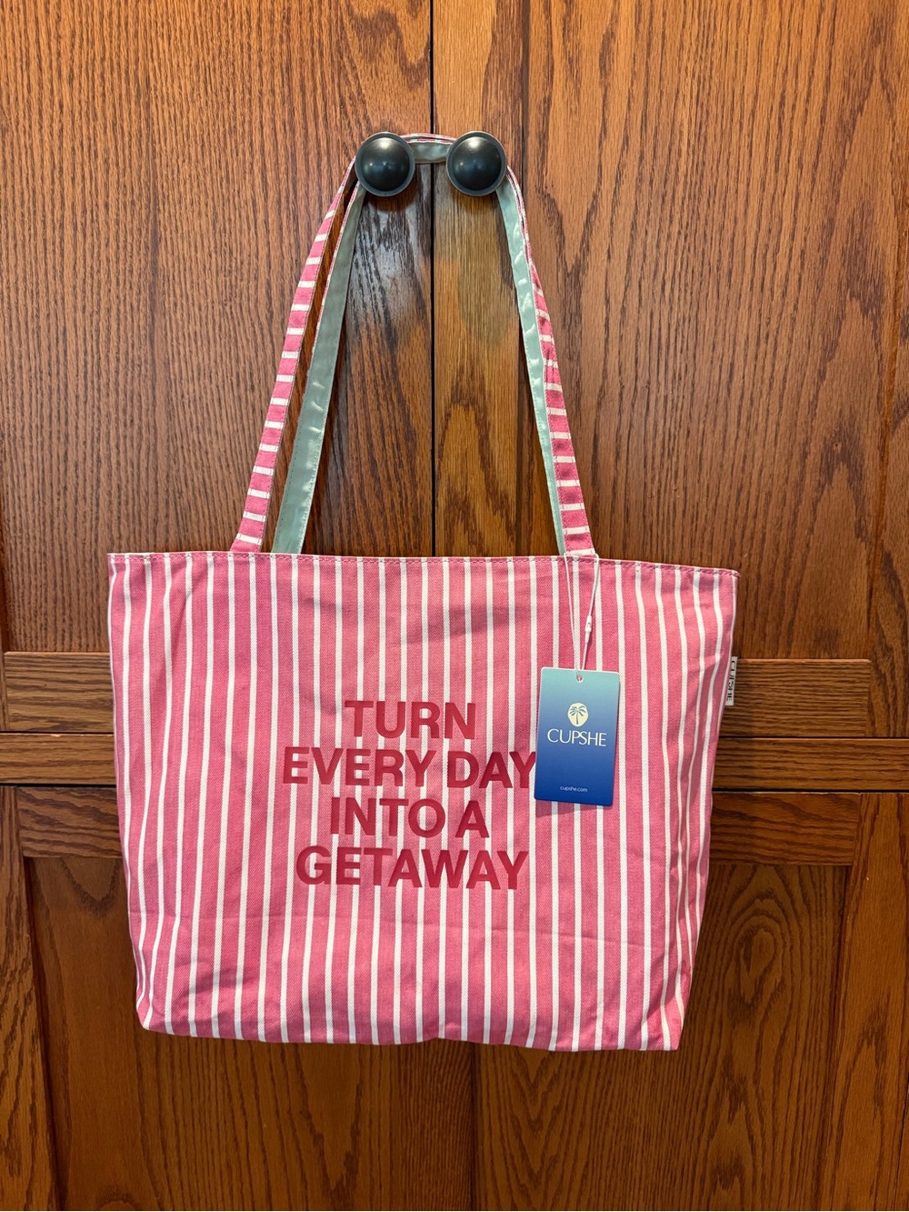 Cupshe Pink and White Striped Tote with Red Slogan